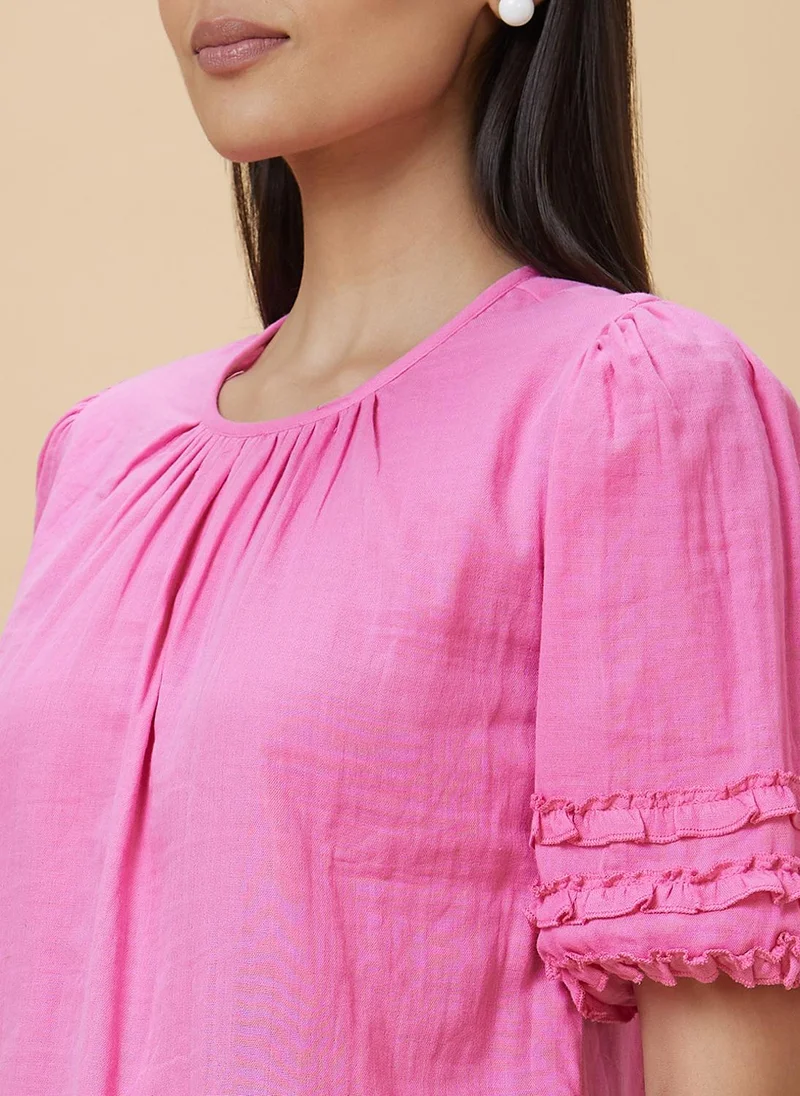 globus Globus Women Pink Round Neck Puff Sleeve Ruffled Pure Cotton Top